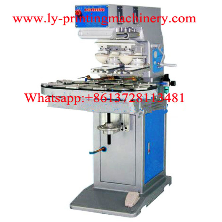 Two color closed ink cup pad printer with conveyor belt